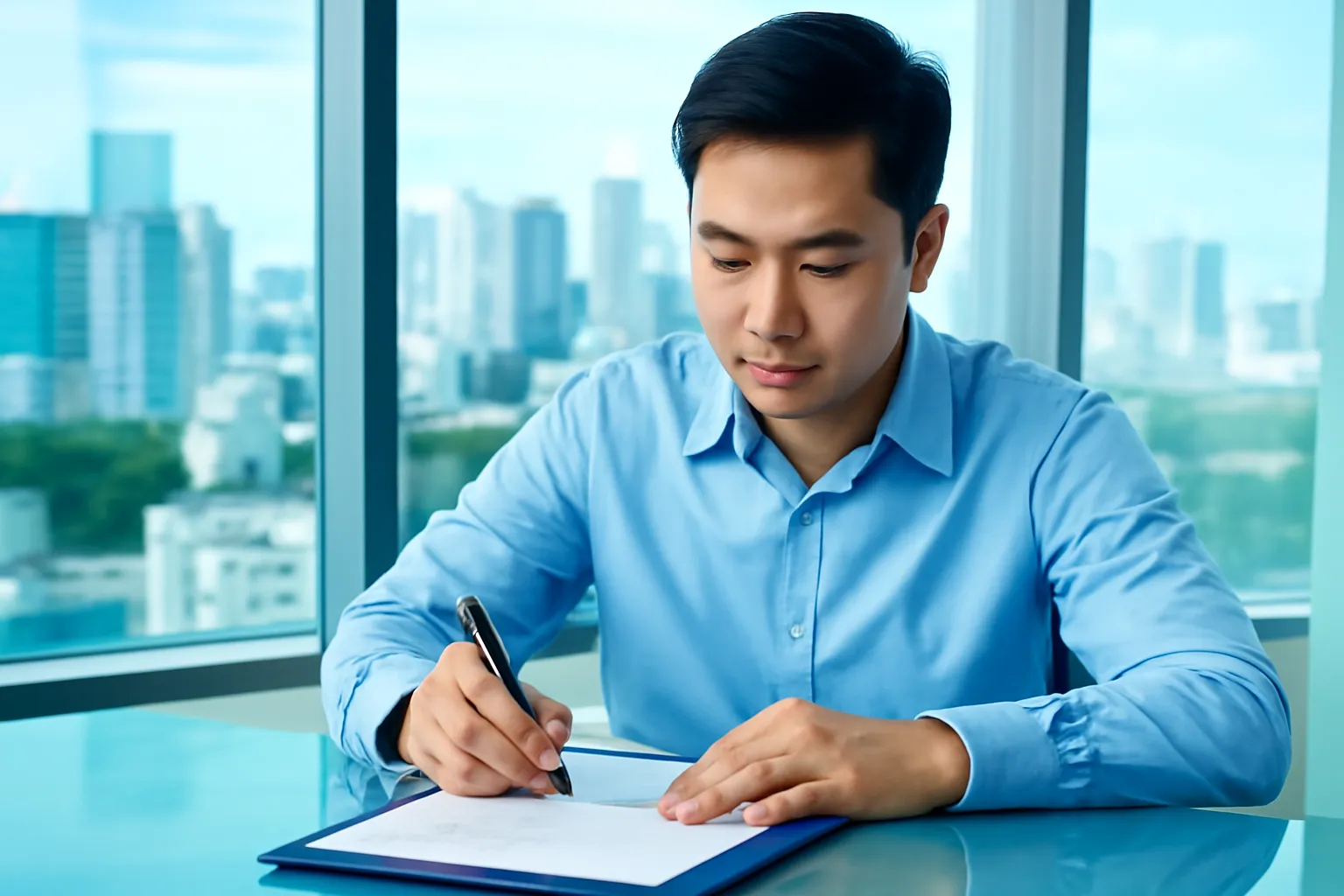 Chàng trai ký tên vào tập hồ sơ trên bàn văn phòng kính sáng