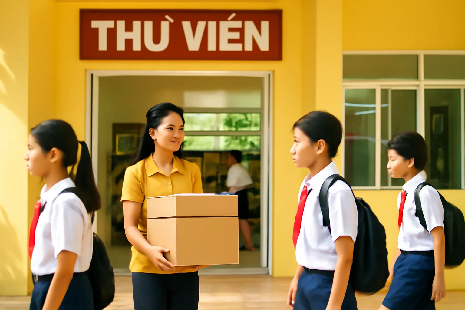Thủ thư trường học nhận thùng sách ở cửa thư viện, học sinh đi ngang