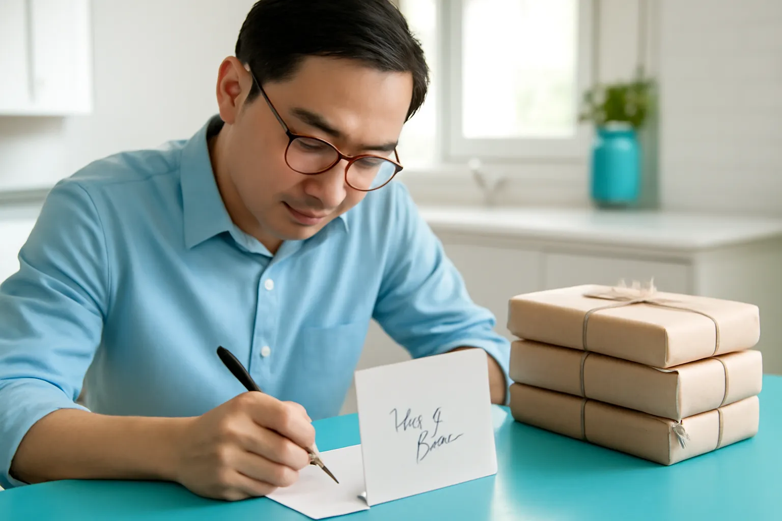 Tác giả viết thiệp cảm ơn kẹp vào sách trên bàn bếp sáng sủa