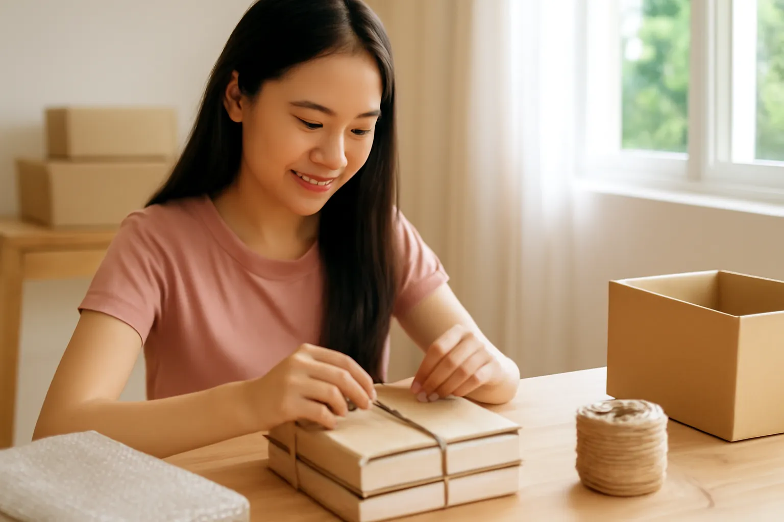 Cô gái đóng gói sách bằng giấy kraft tại bàn làm việc ở nhà