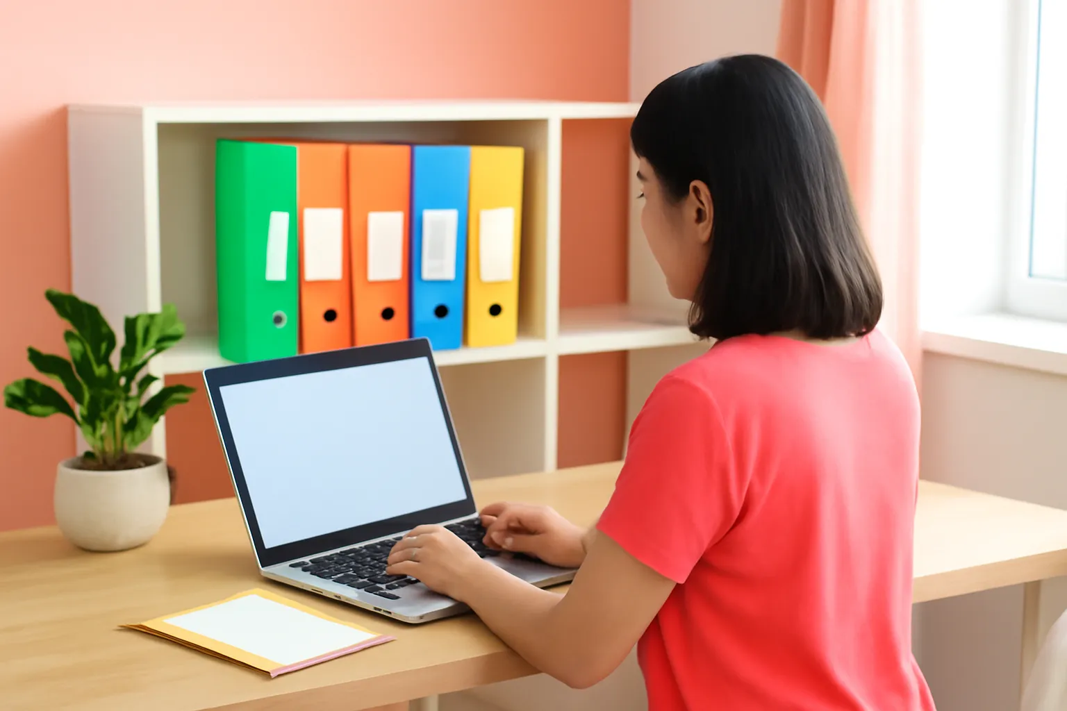 Cô giáo làm việc tại nhà với laptop quay đi, cạnh kệ hồ sơ nhiều màu