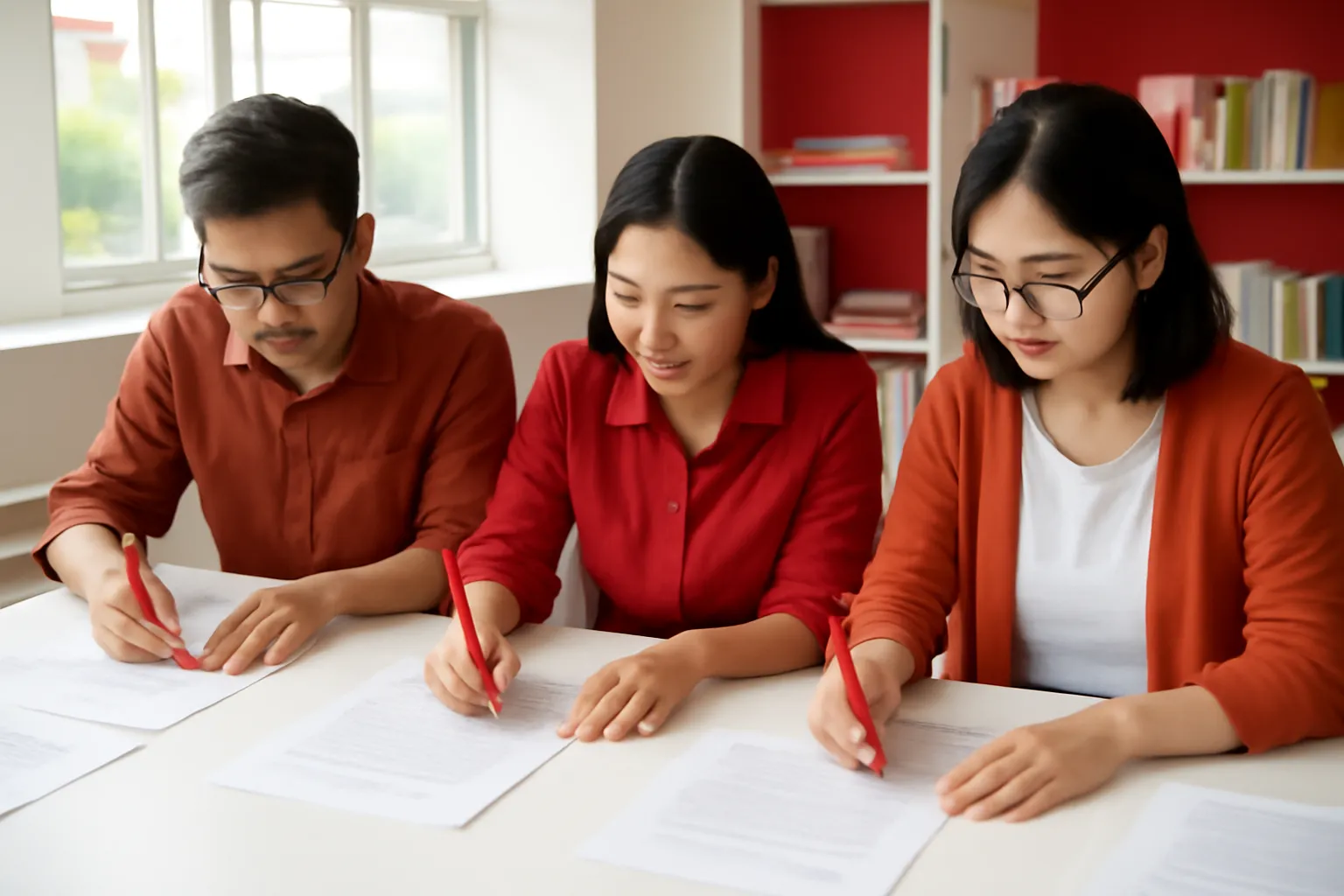 Ba biên tập viên ngồi quanh bàn dài với giấy in và bút đỏ