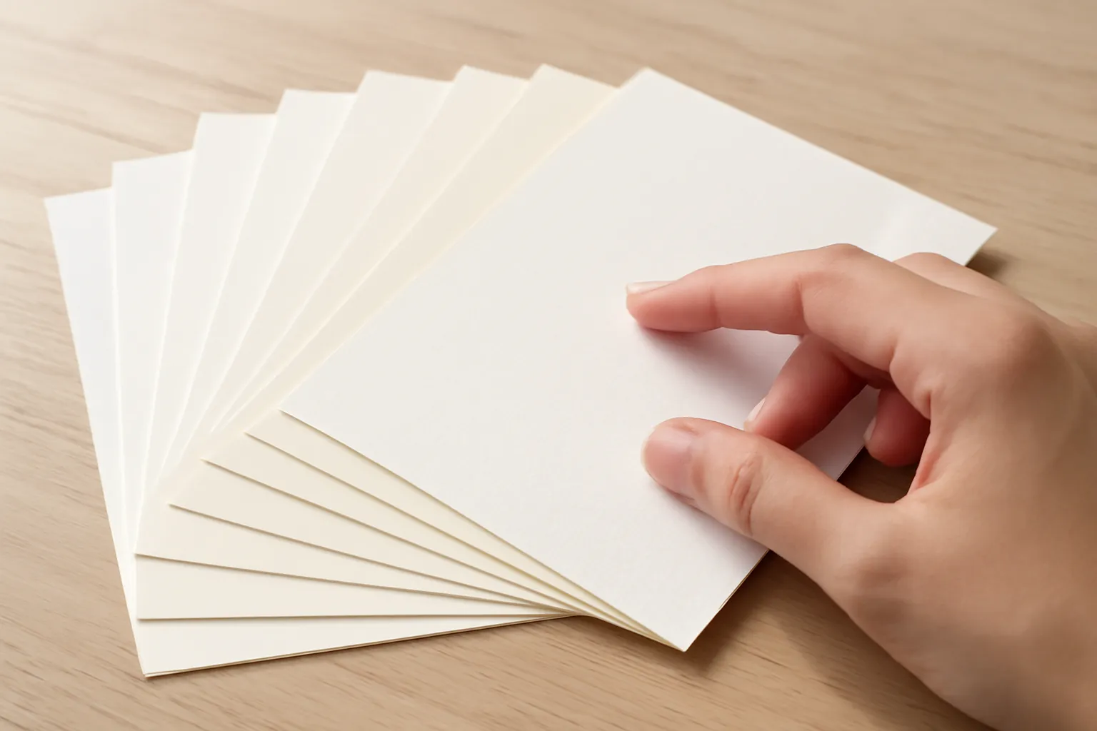Nhiều mẫu giấy in màu trắng và ngà xếp hình quạt trên bàn gỗ