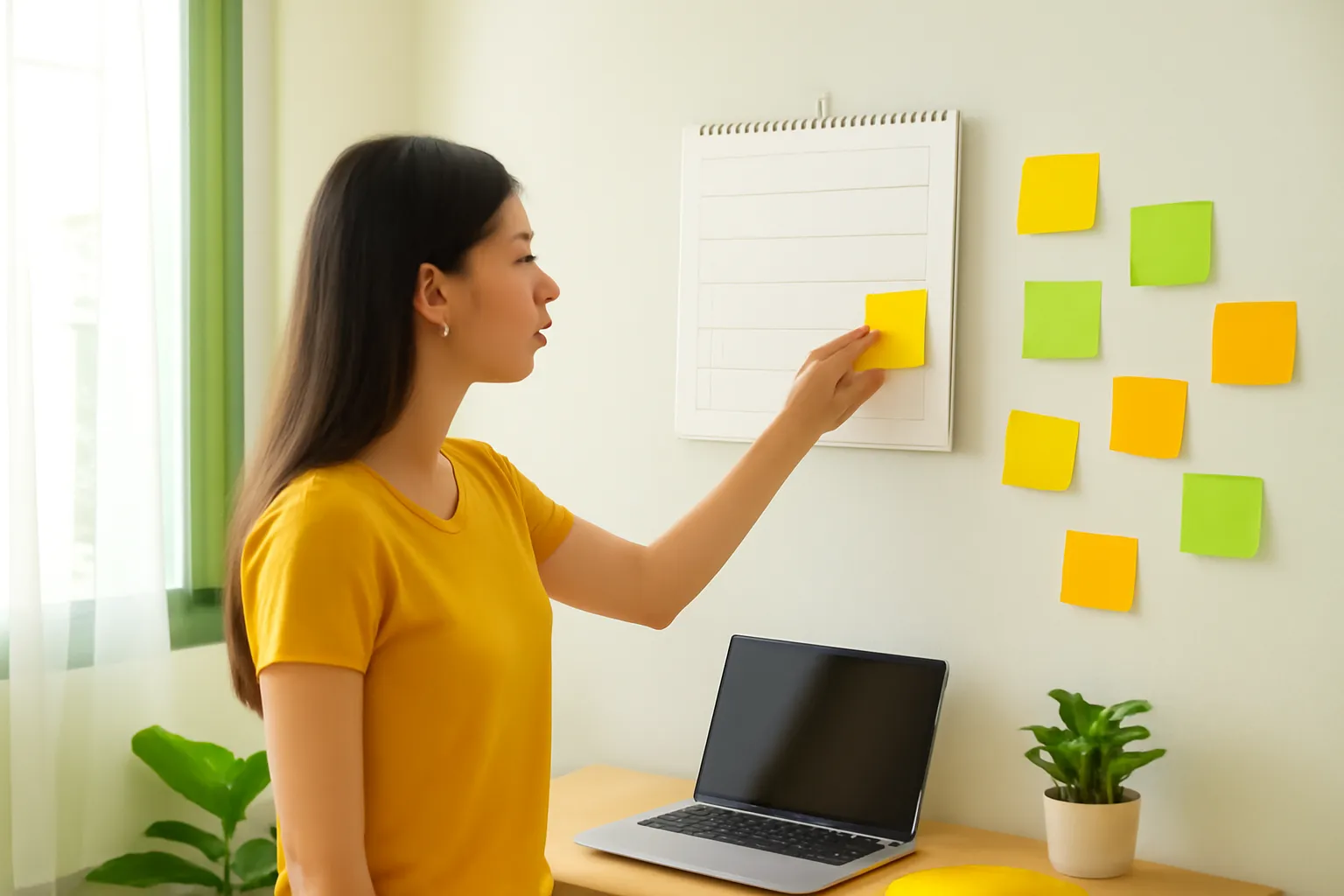 Lịch treo tường trống và giấy nhớ màu trong phòng làm việc nhỏ sáng sủa