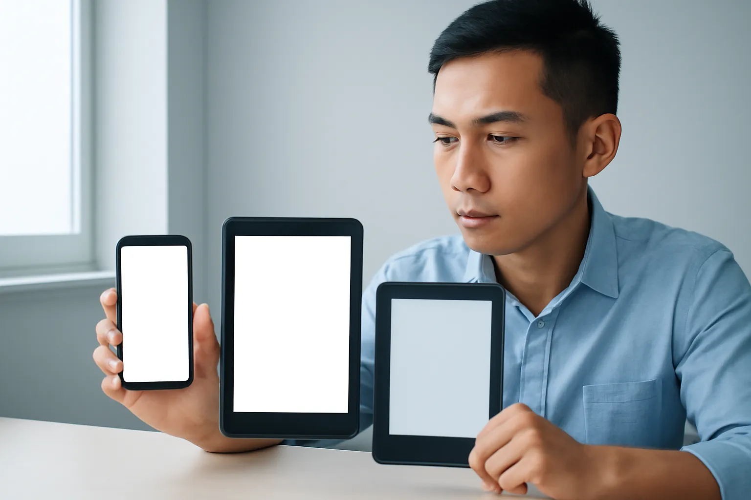 Anh kỹ thuật cầm ba thiết bị đọc sách màn hình trống đặt cạnh nhau