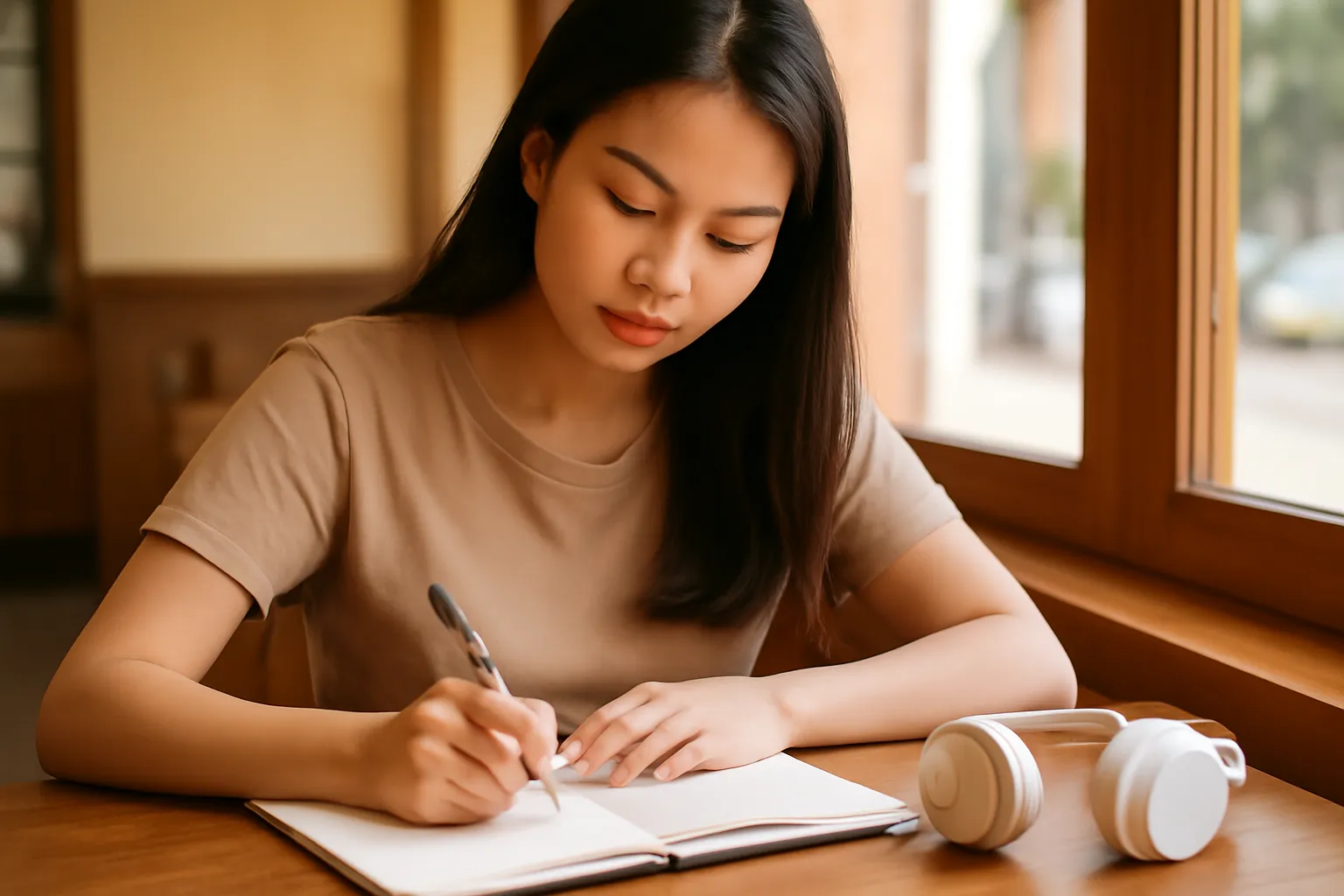 Cô gái viết tay vào sổ cạnh tai nghe trên bàn cà phê gỗ