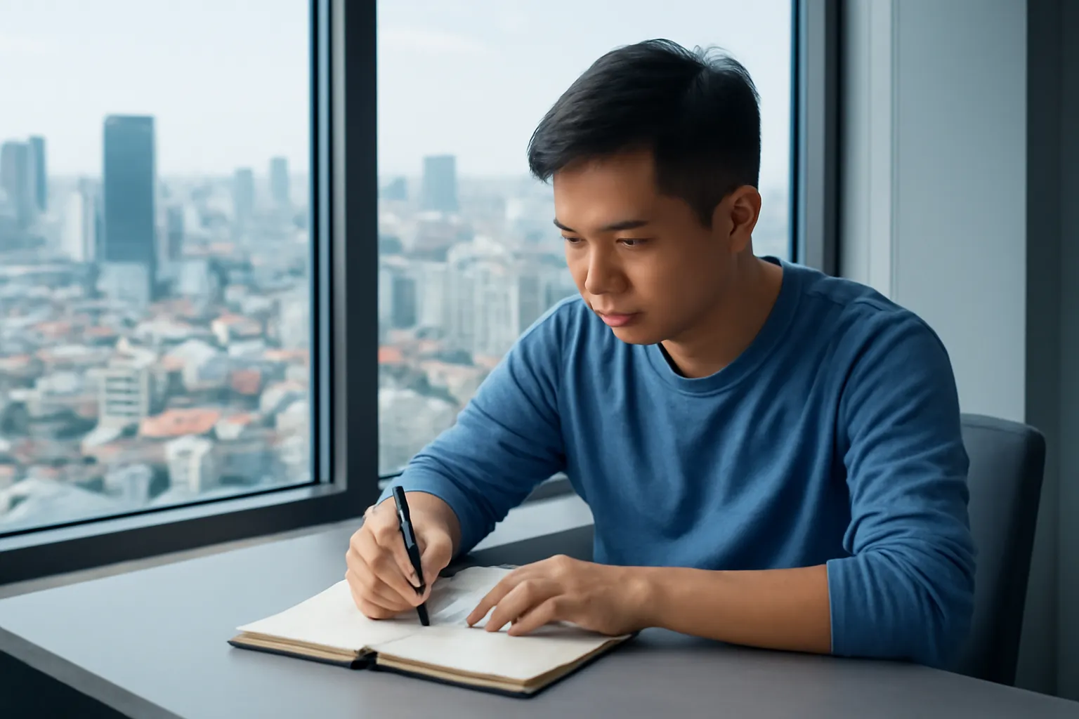 Cậu lập trình viên ghi sổ tay cạnh cửa sổ tầng cao nhìn ra thành phố
