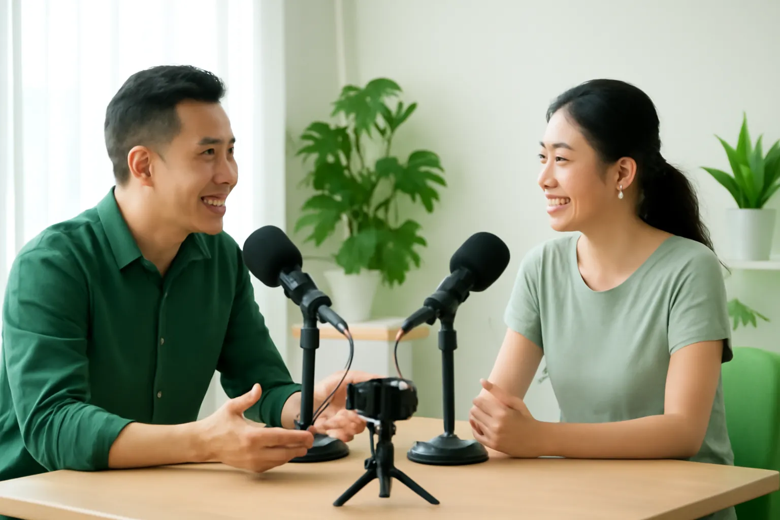 Hai người trò chuyện trước hai micro và máy quay trong phòng sáng nhiều cây