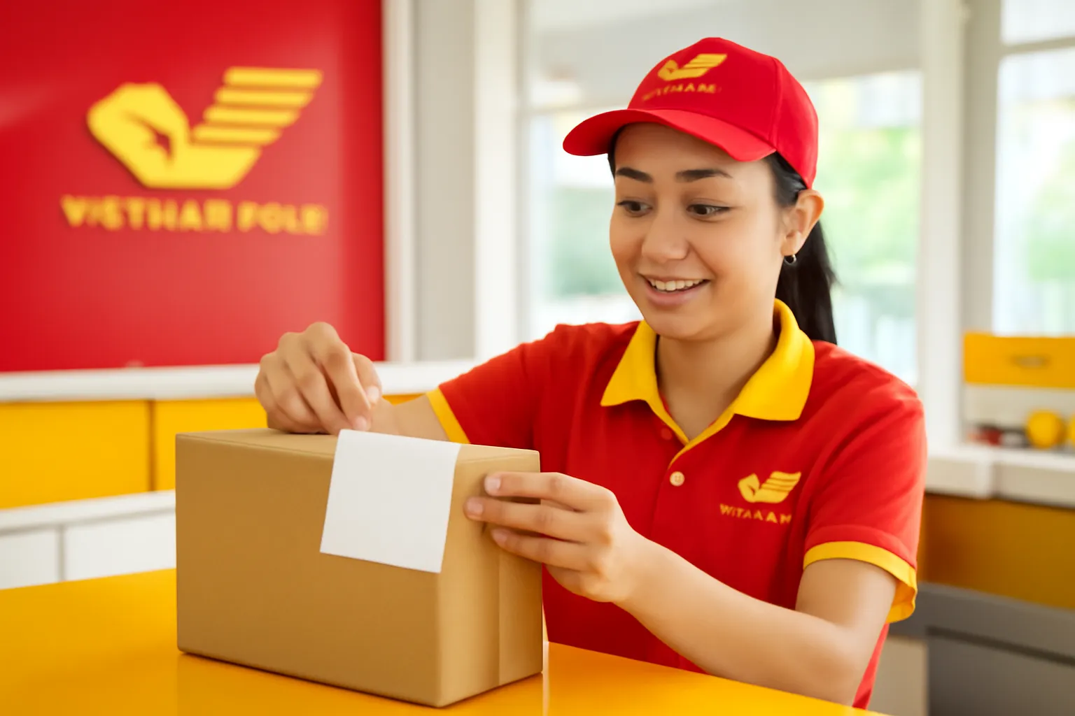 Nhân viên bưu cục dán nhãn trống lên hộp sách chuẩn bị gửi đi