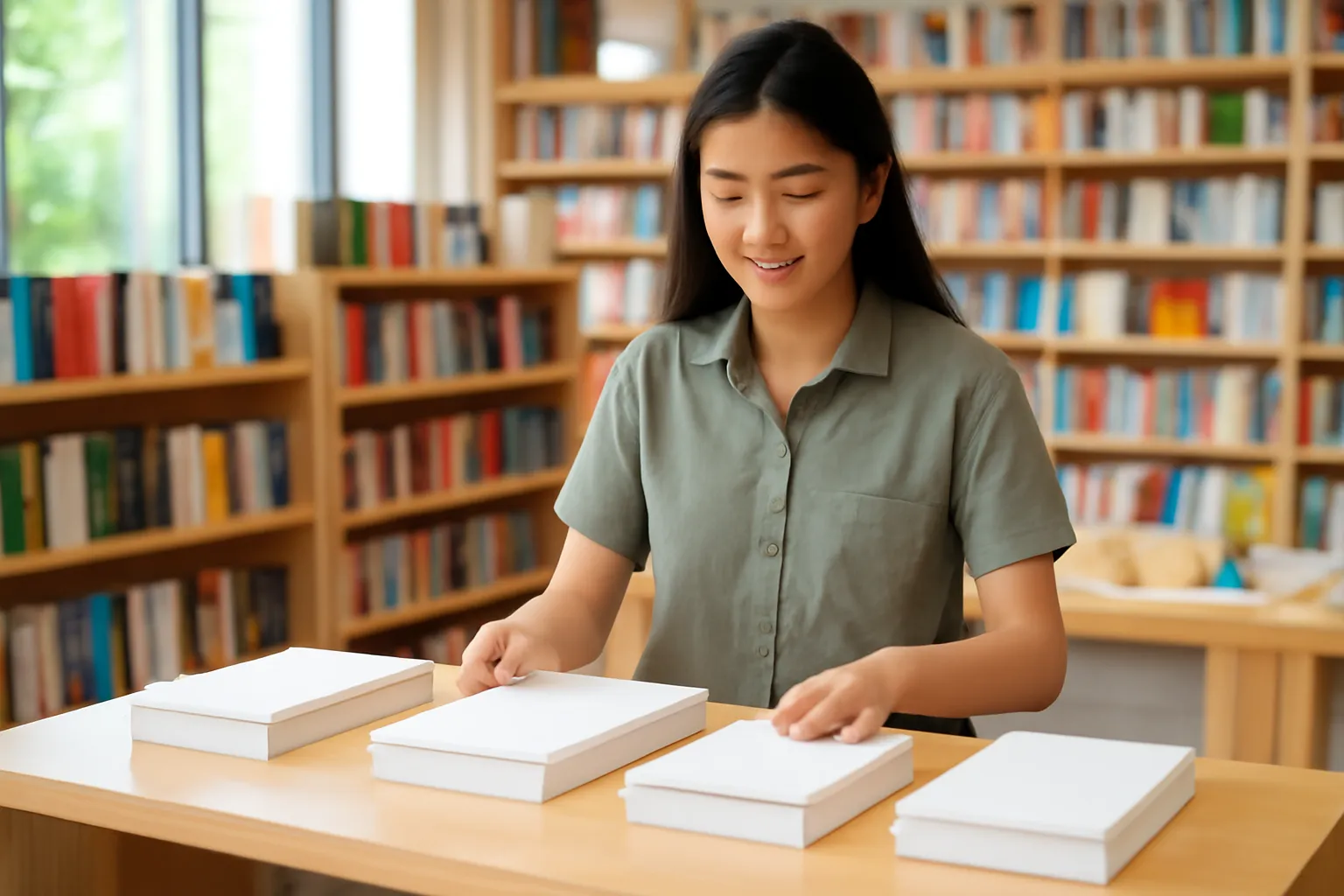 Nhân viên nhà sách xếp sách mới lên kệ trưng bày bằng gỗ sáng
