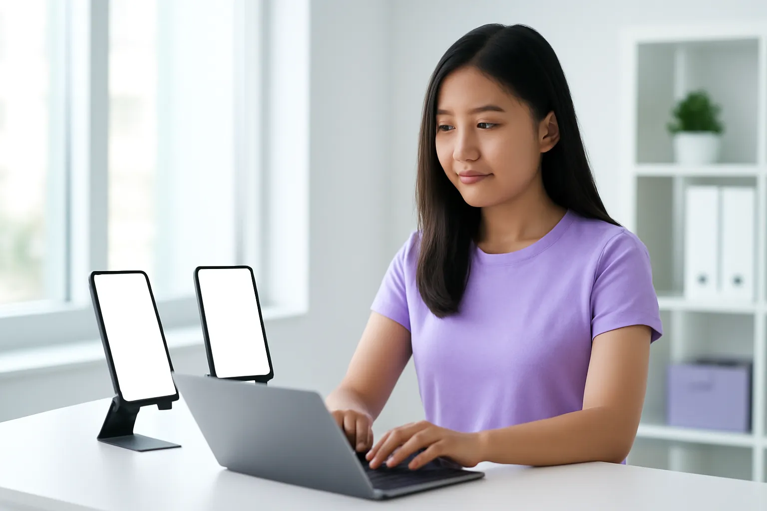 Nữ lập trình viên làm việc ở bàn đứng với hai điện thoại màn hình trống