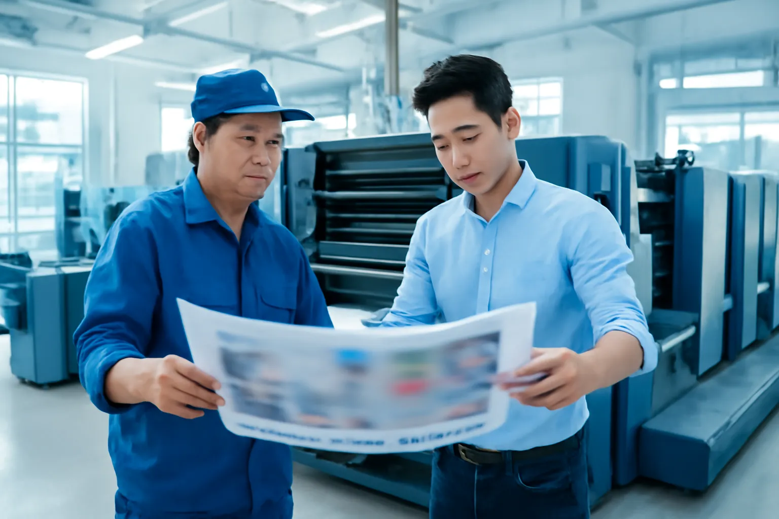 Thợ in và tác giả đứng cạnh máy in trong xưởng sáng sủa xem tờ in