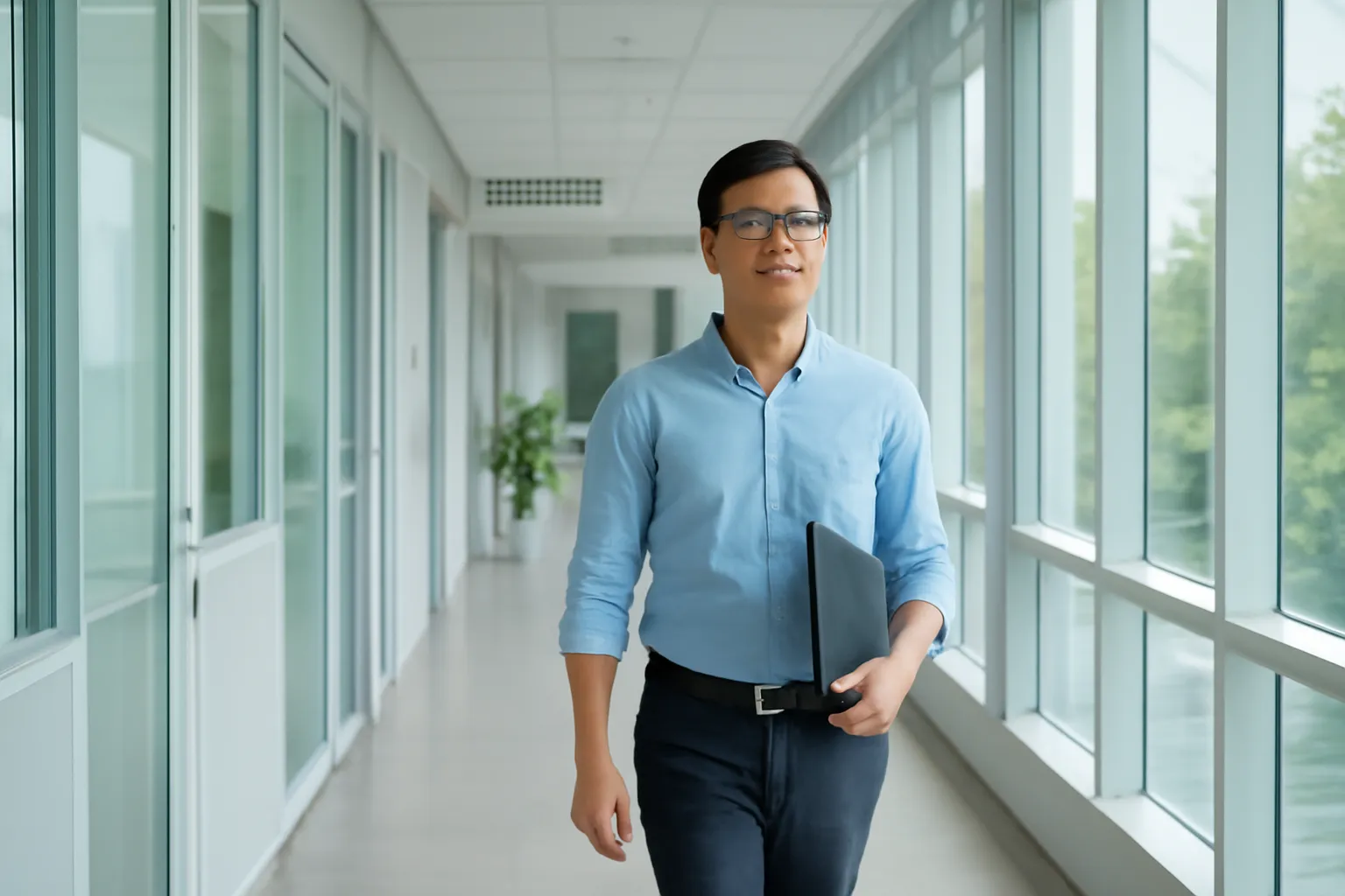 Người cầm cặp hồ sơ đi qua hành lang sáng của một toà nhà văn phòng