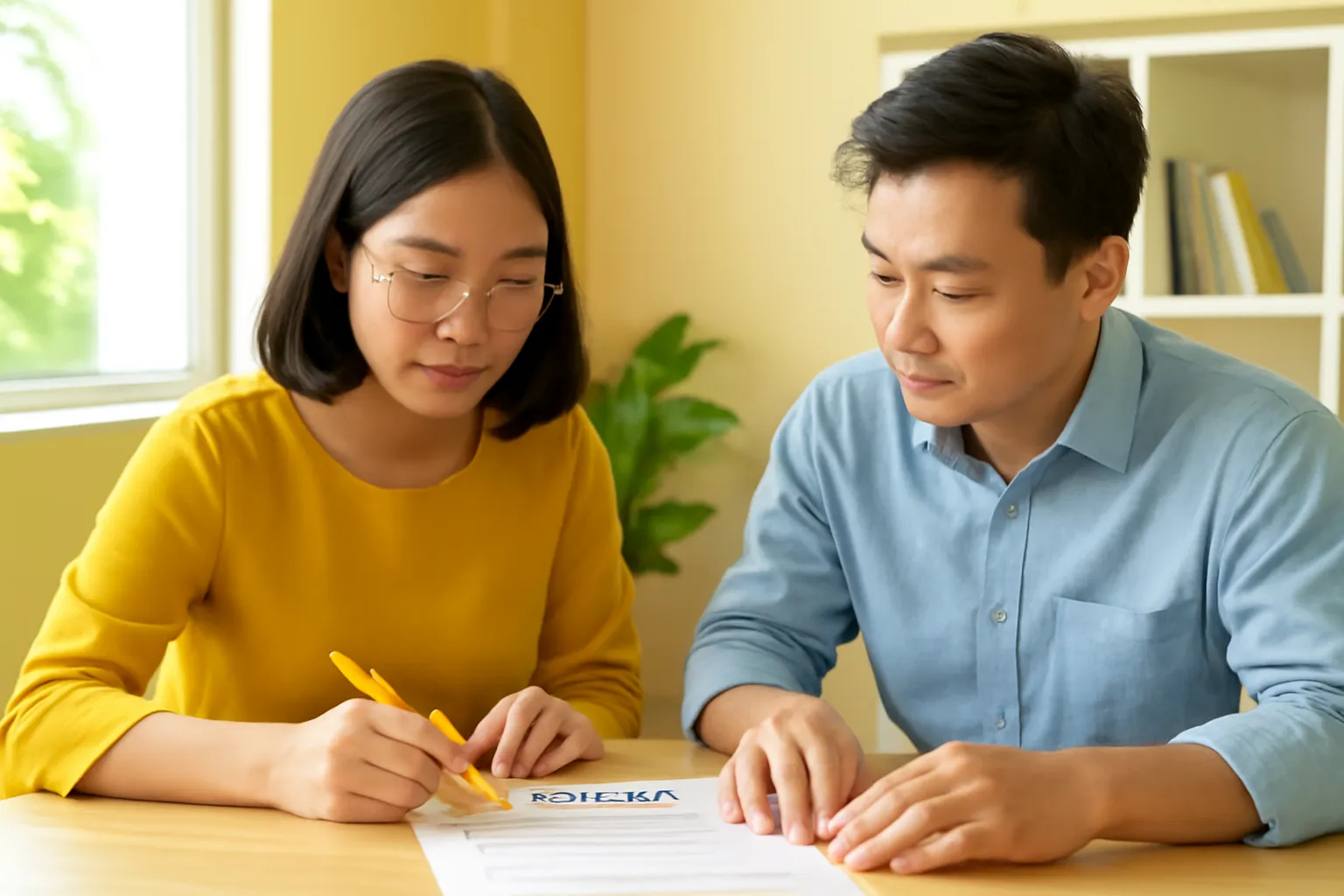 Hai người ngồi đối diện đọc hợp đồng với bút dạ quang trên bàn