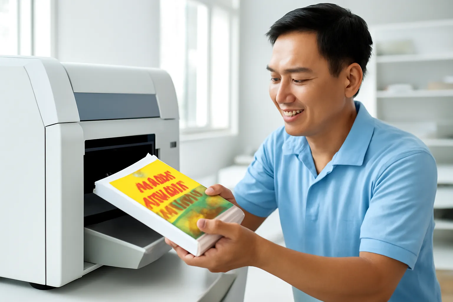Người thợ đón cuốn sách vừa ra khỏi máy in kỹ thuật số nhỏ