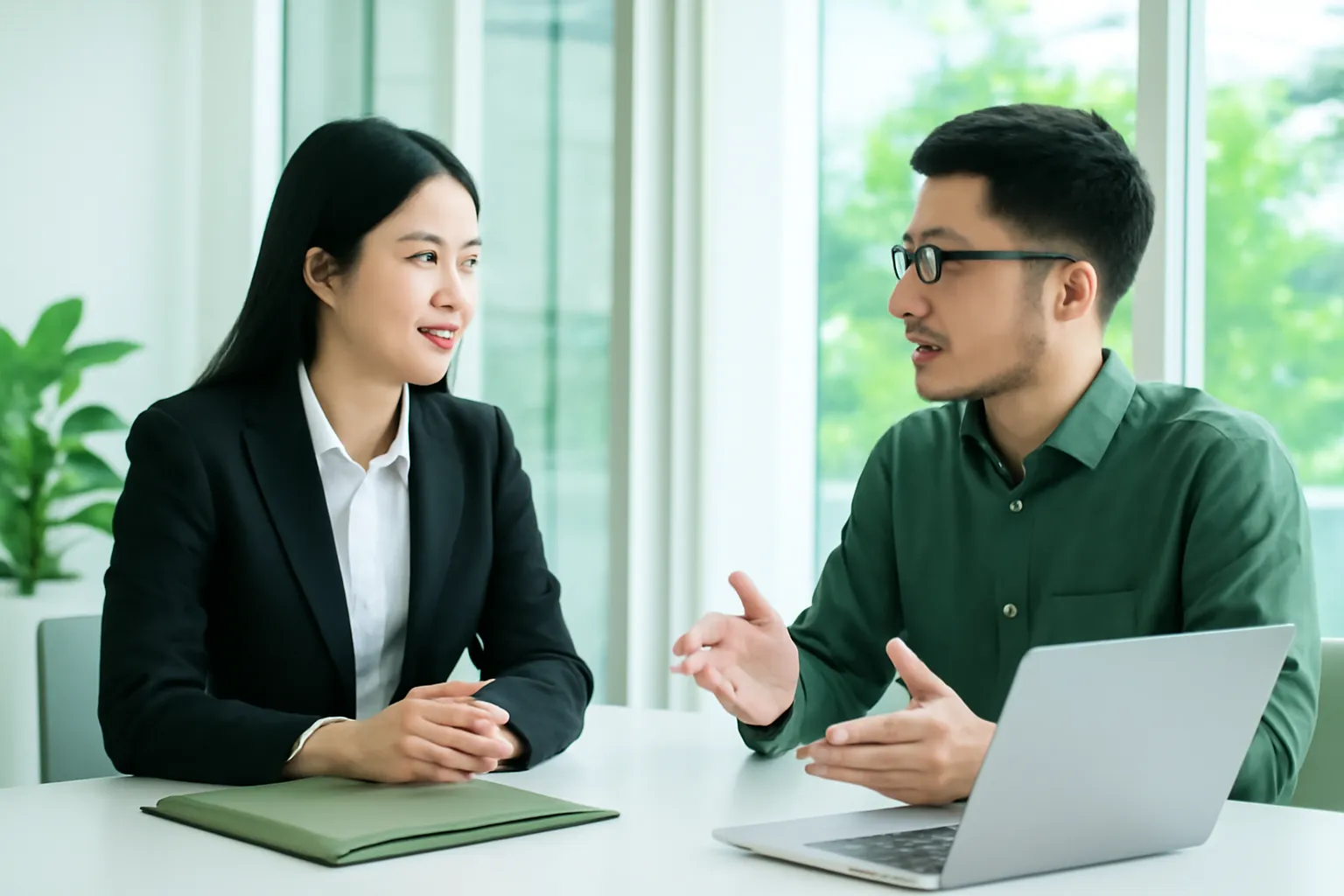 Chị luật sư và anh lập trình viên trao đổi trong phòng họp kính sáng