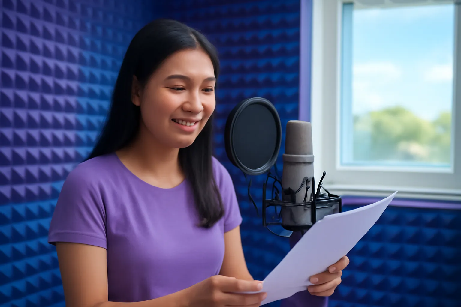Người đọc thu âm trong phòng thu nhỏ có mút tiêu âm và micro