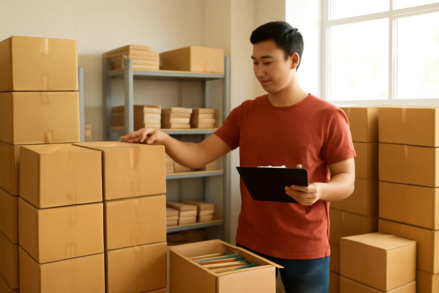 Người kiểm đếm các thùng sách xếp ngay ngắn trong kho sáng
