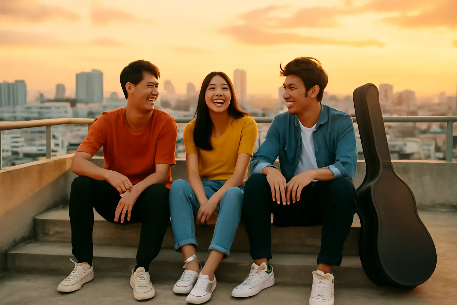 Nhóm nhạc ba người ngồi trên bậc thang sân thượng lúc hoàng hôn