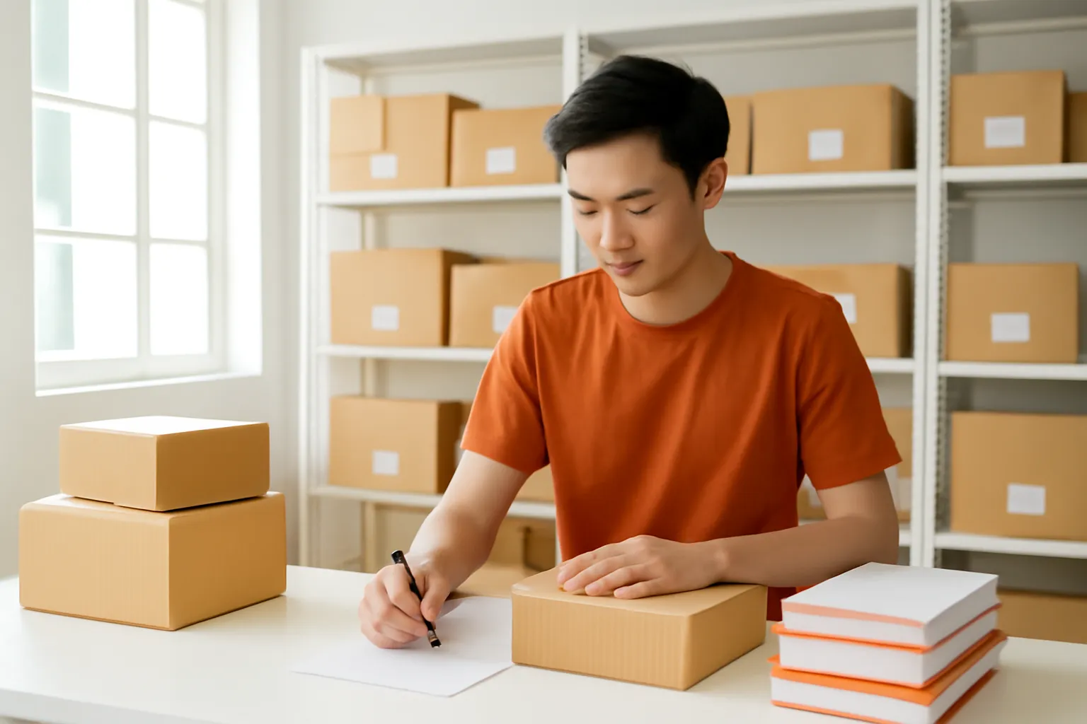 Người phát hành sắp xếp hộp sách và danh sách giấy trống trong kho nhỏ