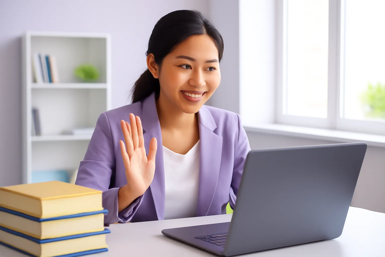 Chị làm bản quyền gọi video với laptop quay đi, cạnh chồng sách ngoại văn