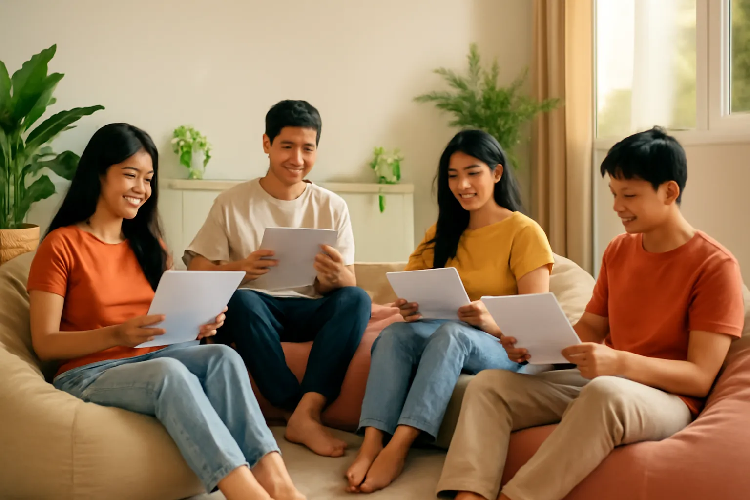 Bốn người ngồi ghế lười trong phòng khách sáng, mỗi người cầm một xấp giấy