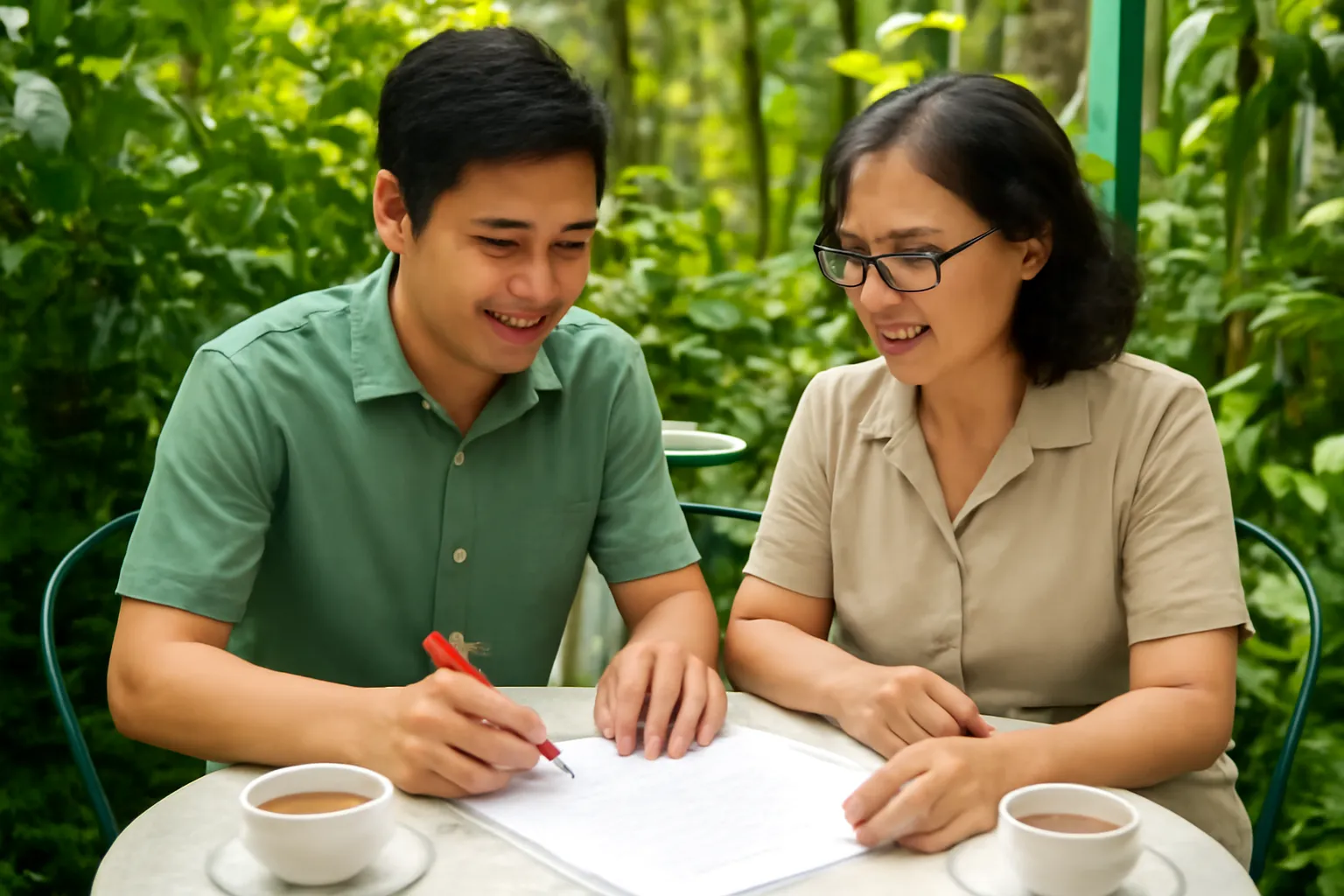 Tác giả trẻ và biên tập viên lớn tuổi trò chuyện ở quán trà sân vườn