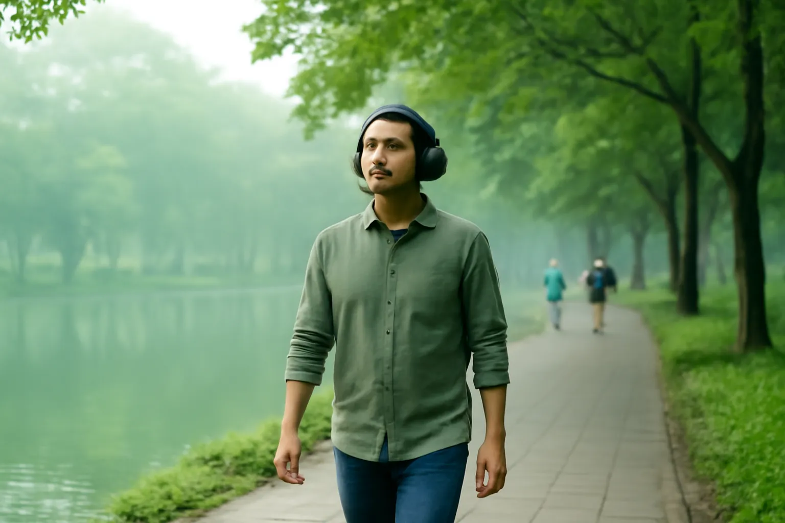 Anh làm podcast đeo tai nghe đi bộ dọc bờ hồ buổi sớm