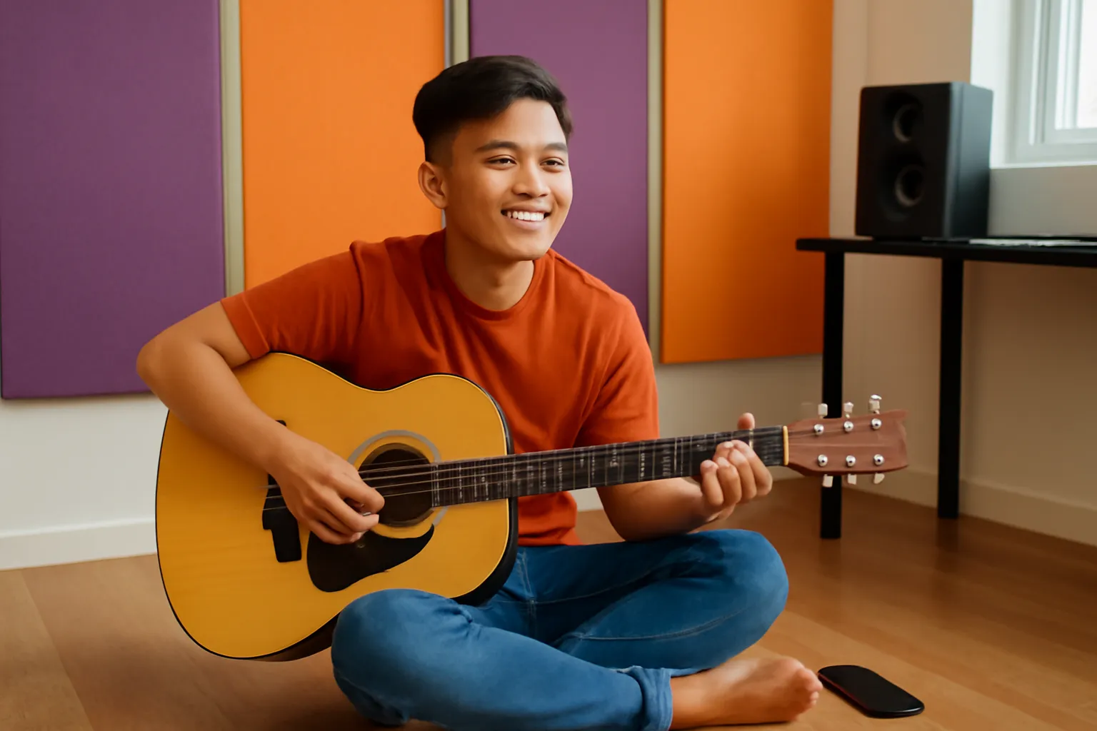 Chàng trai ôm đàn ghi ta ngồi sàn phòng thu tại gia, điện thoại úp
