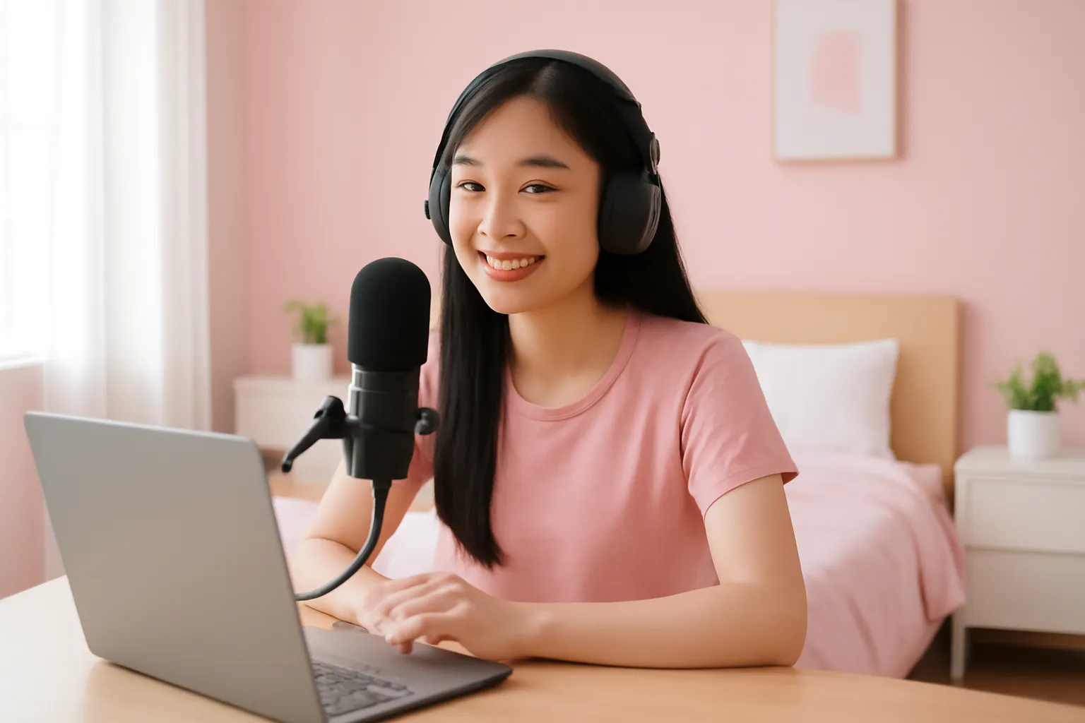 Cô làm podcast ngồi bàn micro trong phòng ngủ sáng, laptop quay đi
