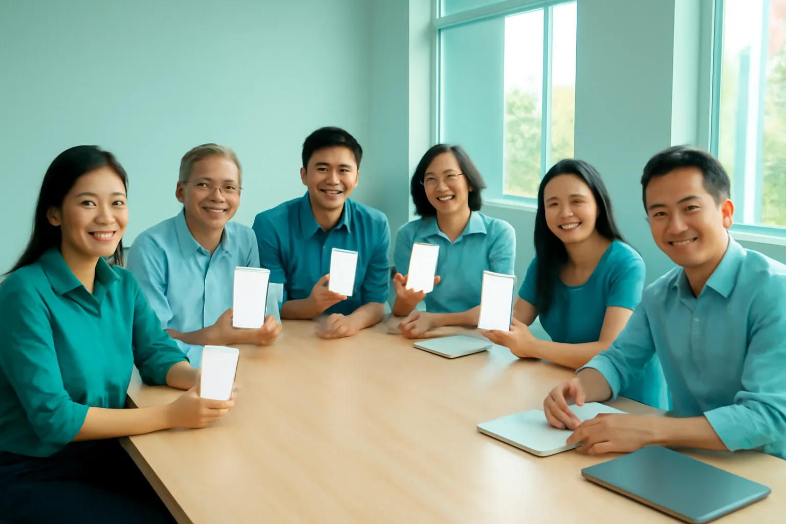 Nhóm người thử cầm nhiều điện thoại màn hình trống quanh bàn dài