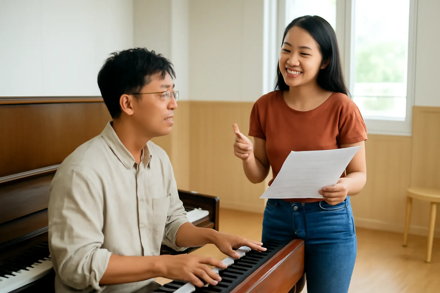 Nhạc sĩ và ca sĩ đứng cạnh cây đàn piano trong phòng tập sáng