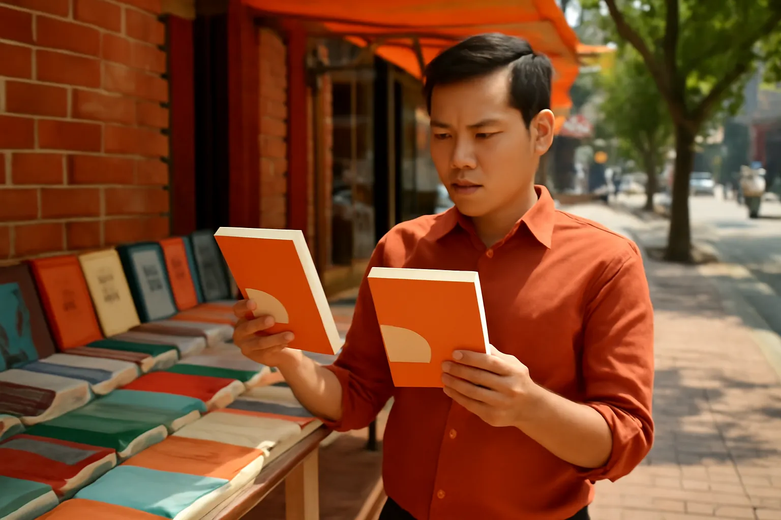 Anh phát hành đứng cạnh sạp sách vỉa hè, cầm một cuốn sách so sánh
