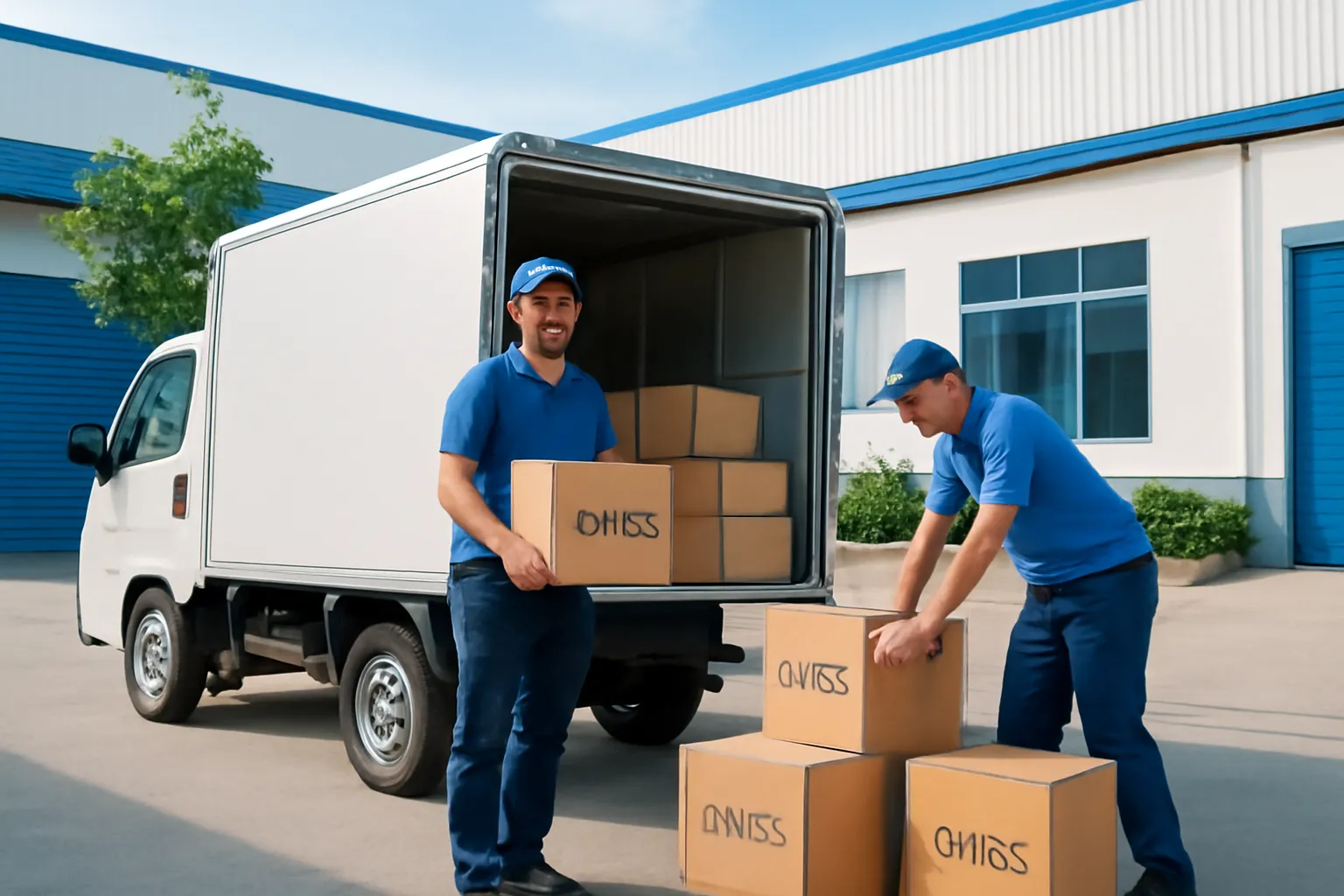 Xe tải nhỏ đang bốc thùng sách trước một nhà kho ven đô buổi sáng