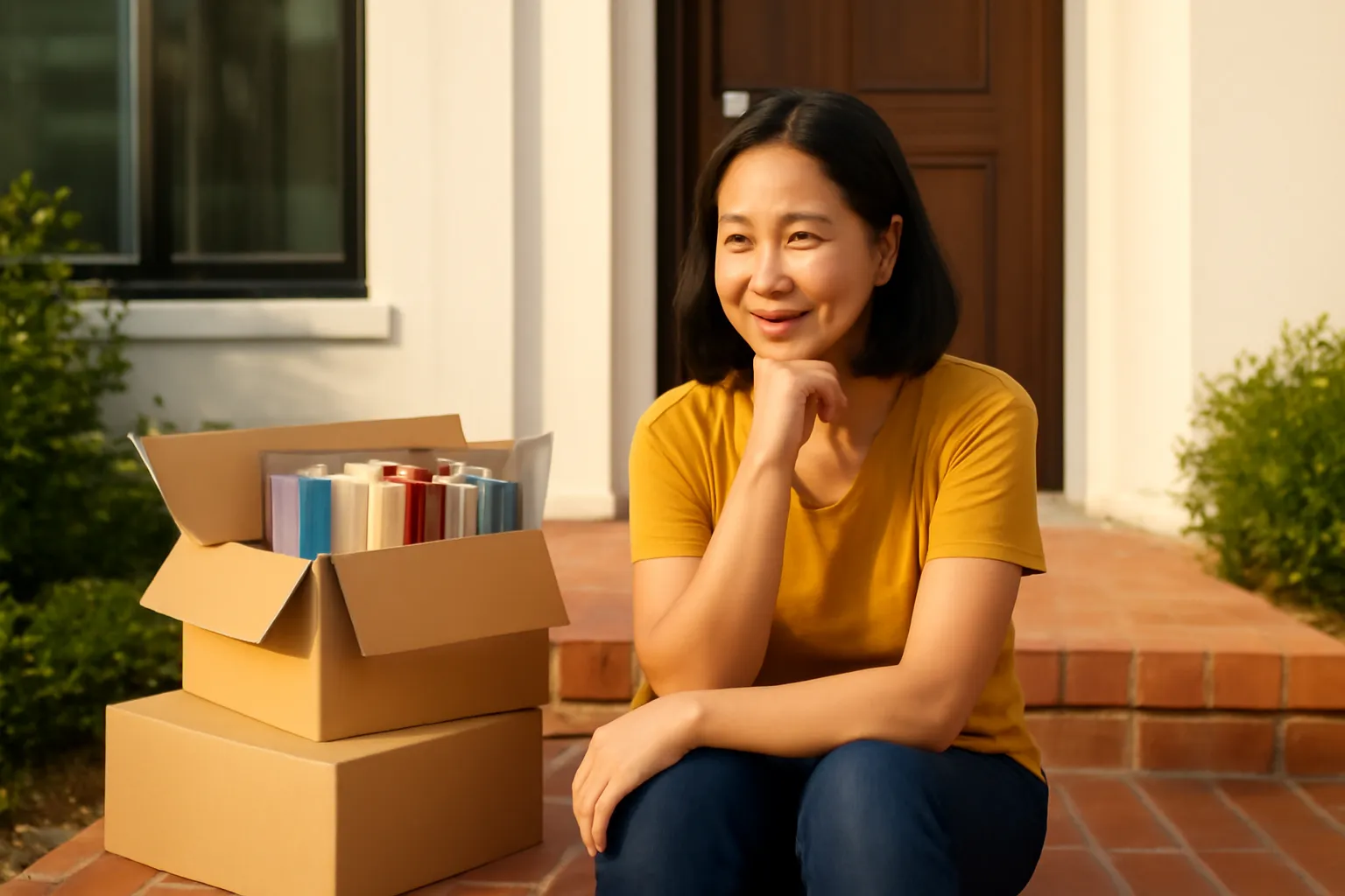 Người phụ nữ ngồi bậc cửa nhà phố cạnh thùng sách chưa mở, nắng chiều