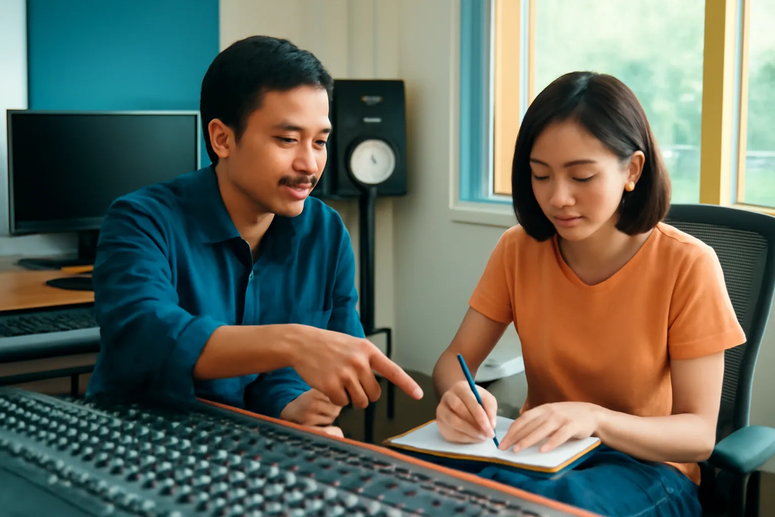 Anh kỹ sư âm thanh chỉ vào bàn trộn, cậu nhạc sĩ ghi chép vào sổ
