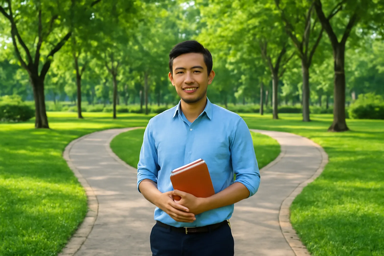 Người đàn ông cầm cuốn sách đứng giữa ngã ba lối đi trong công viên xanh