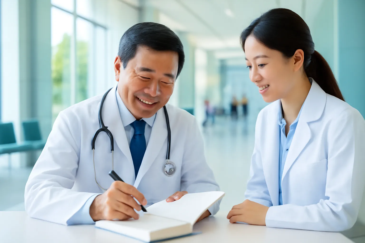 Bác sĩ trung niên ký tặng sách cho đồng nghiệp ở sảnh hội thảo