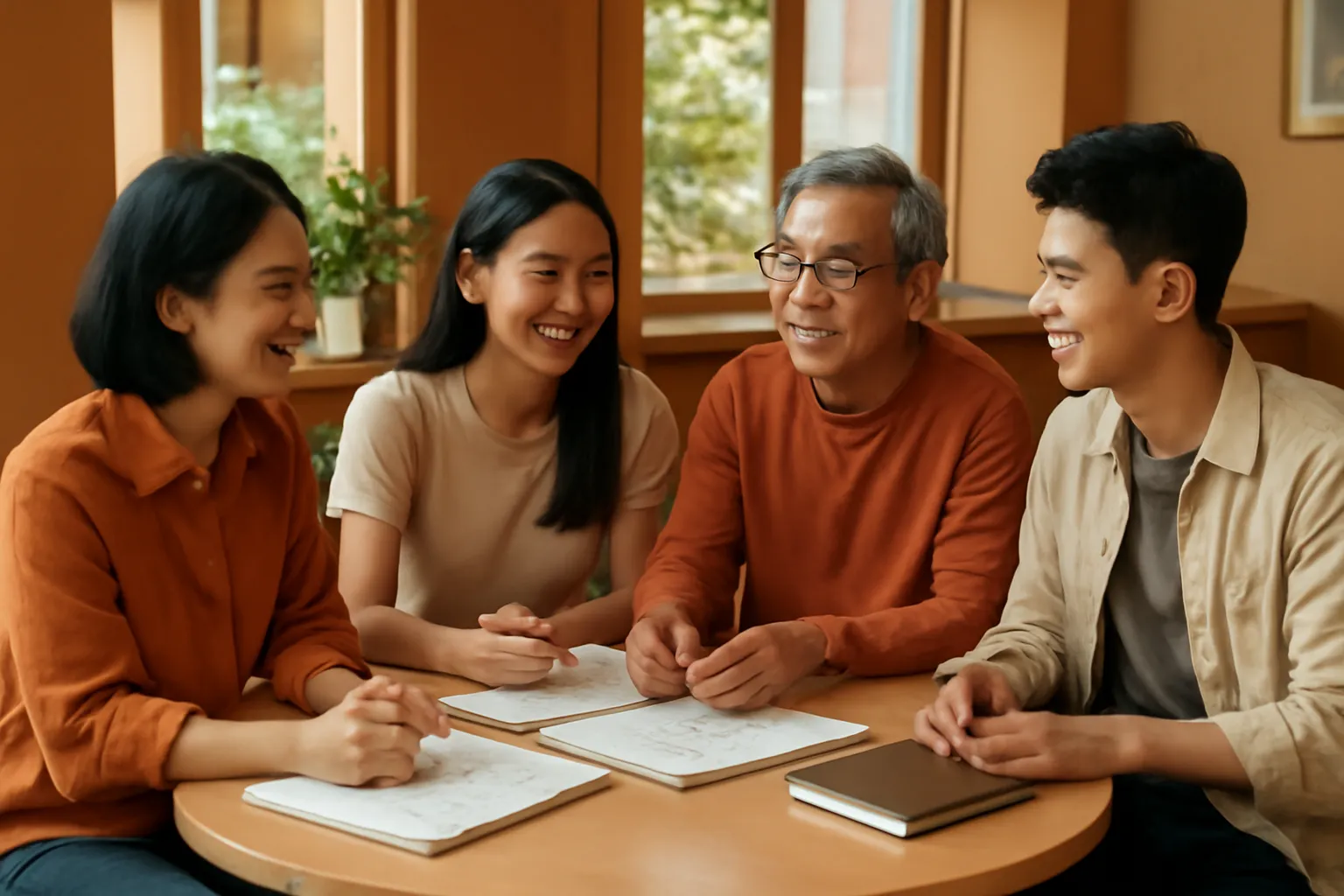 Bốn người khác nghề họp quanh bàn tròn trong quán cà phê sáng