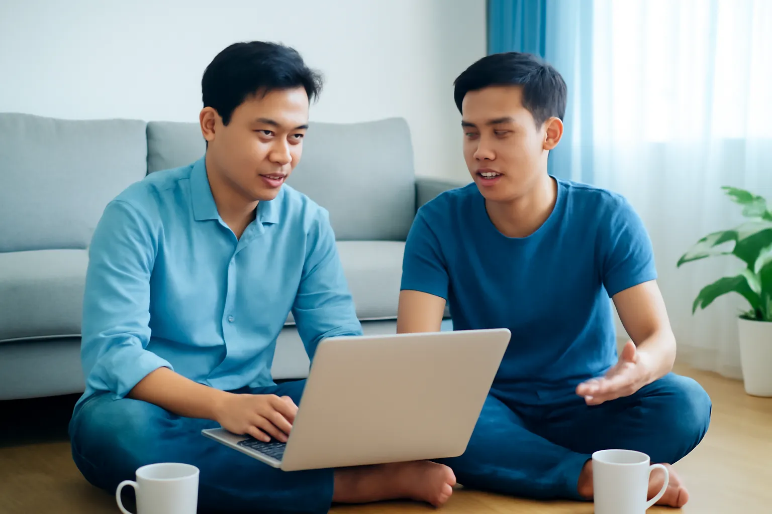 Hai lập trình viên ngồi sàn gỗ tựa sofa bàn bạc, laptop quay đi
