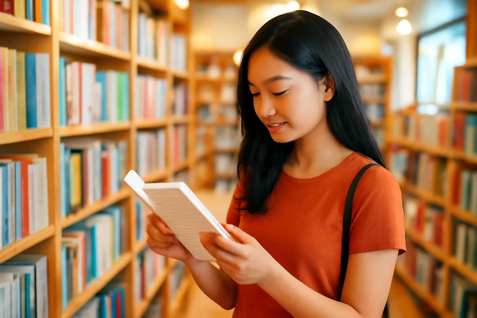 Cô gái đứng giữa kệ nhà sách lật mặt sau một cuốn sách để đọc