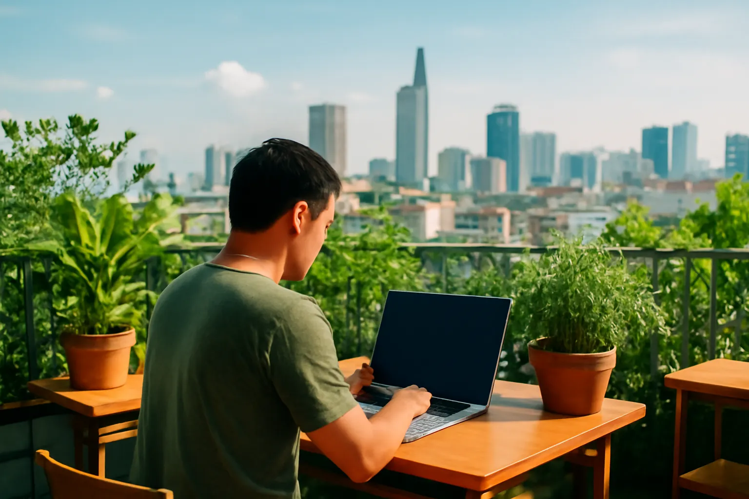 Anh kỹ sư ngồi quán cà phê sân thượng gõ máy tính quay đi